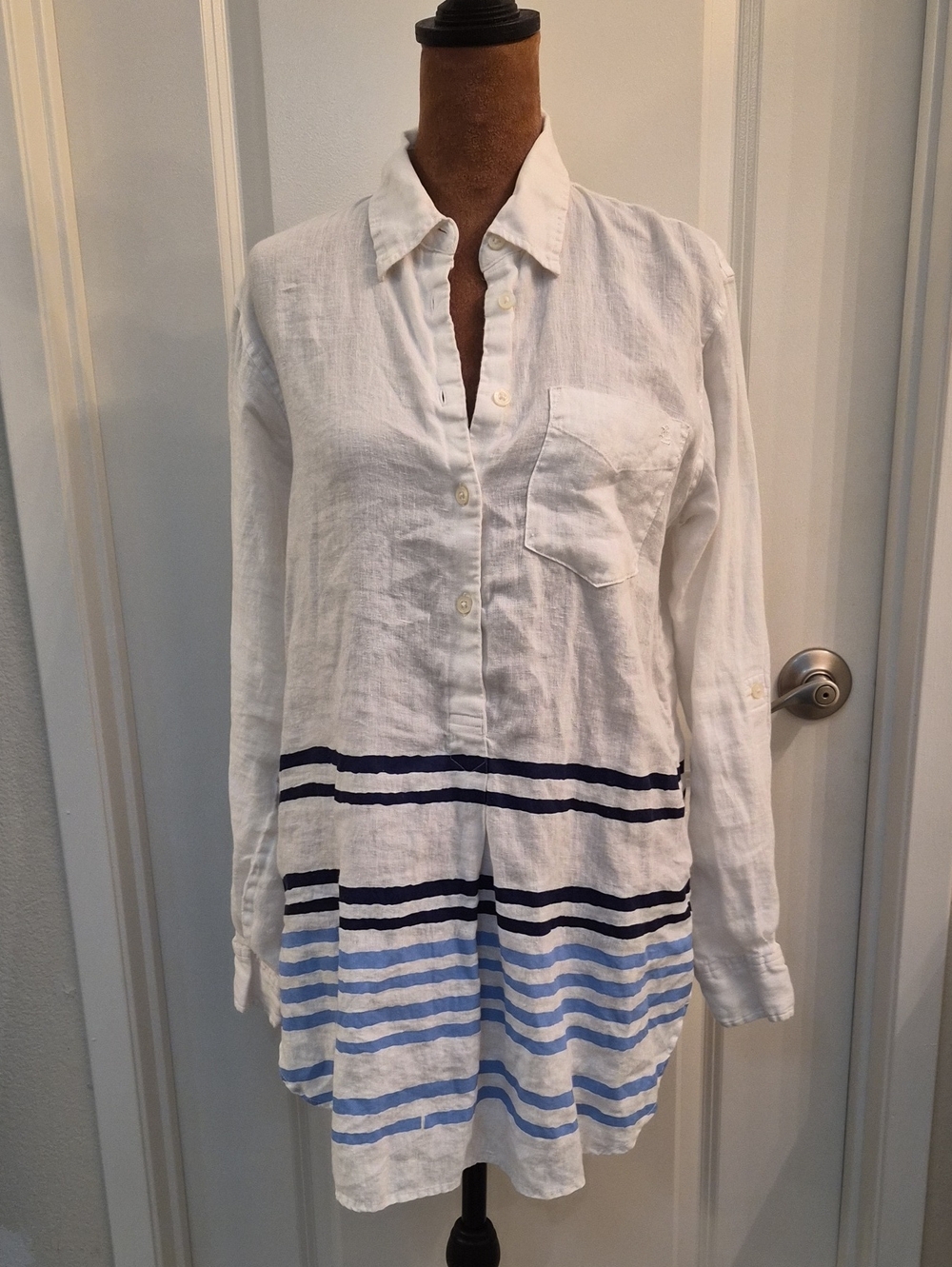 Ralph Lauren White Long Sleeve Tunic with Navy and Light Blue Stripes.100% Linen